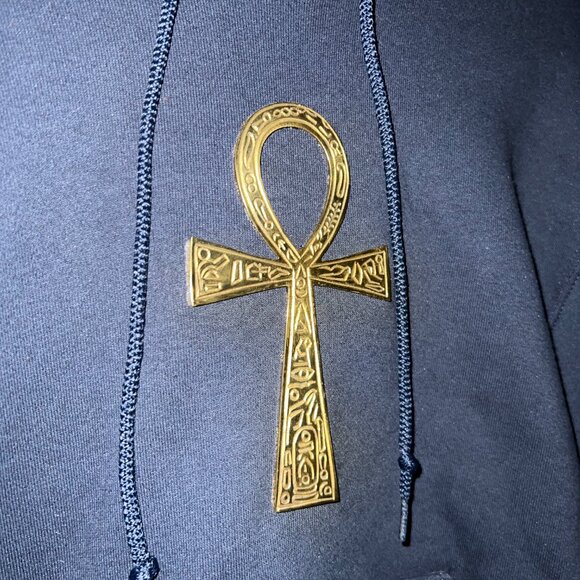 ☥ Brass Ankh Hoodie Navy Blue Size Small ☥ - Picture 5 of 7